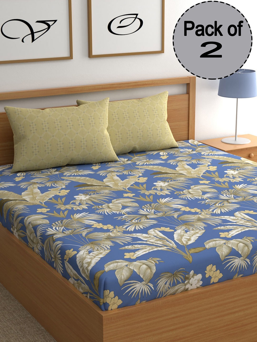 

CHHAVI INDIA Blue & White Floral Printed 210 TC 2 Queen Bedsheet & 4 Pillow Covers