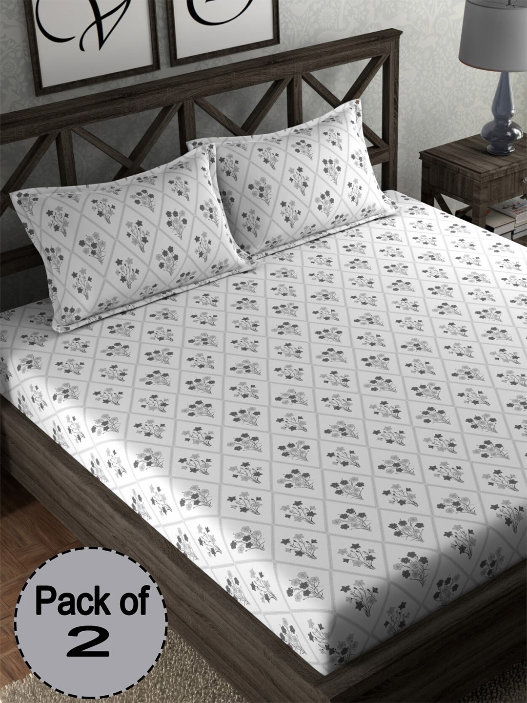 

CHHAVI INDIA Grey & White Floral Printed 210 TC 2 Queen Bedsheet & 4 Pillow Covers