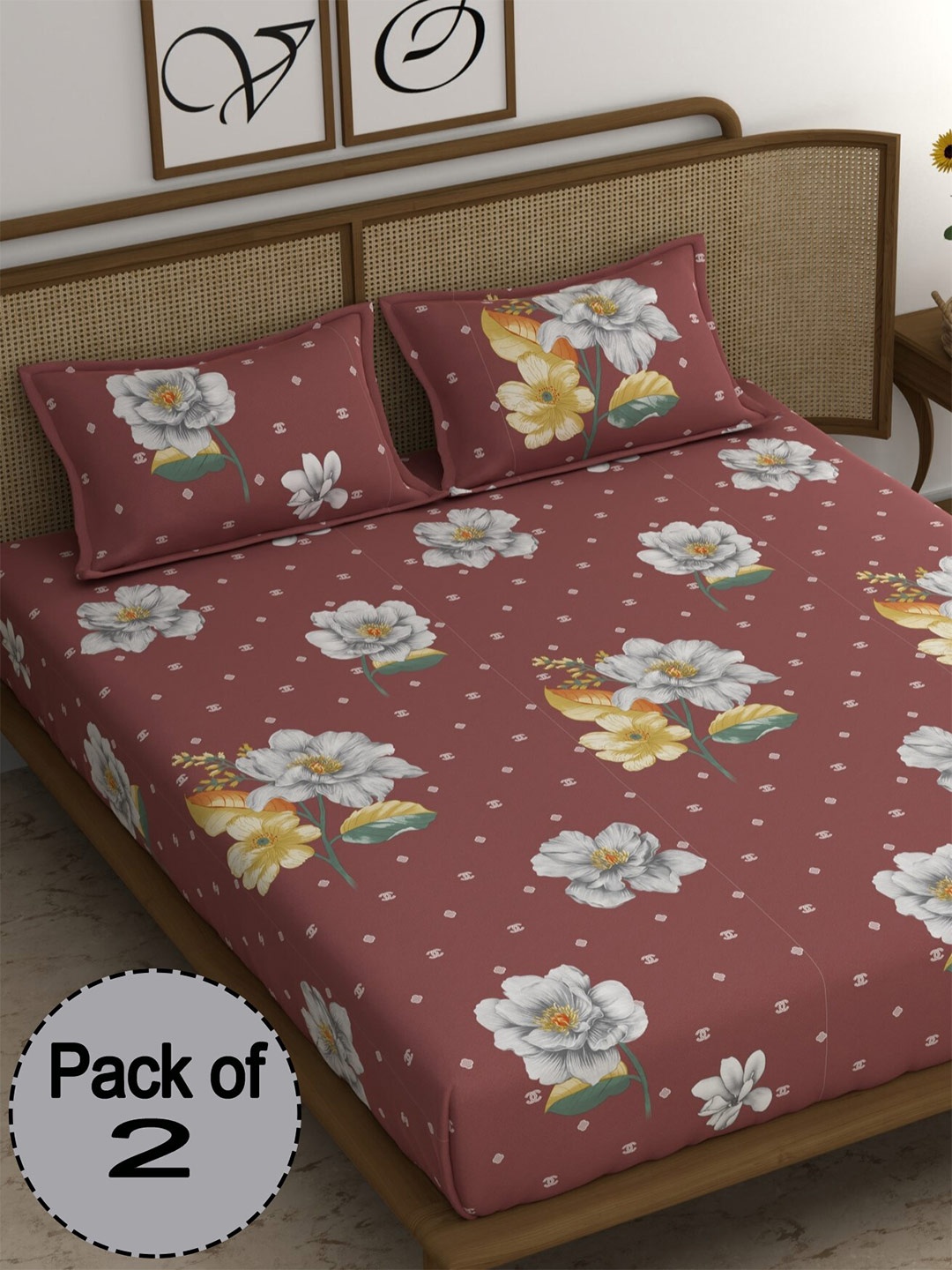 

CHHAVI INDIA Brown & White Floral Printed 210 TC 2 Queen Bedsheet & 4 Pillow Covers