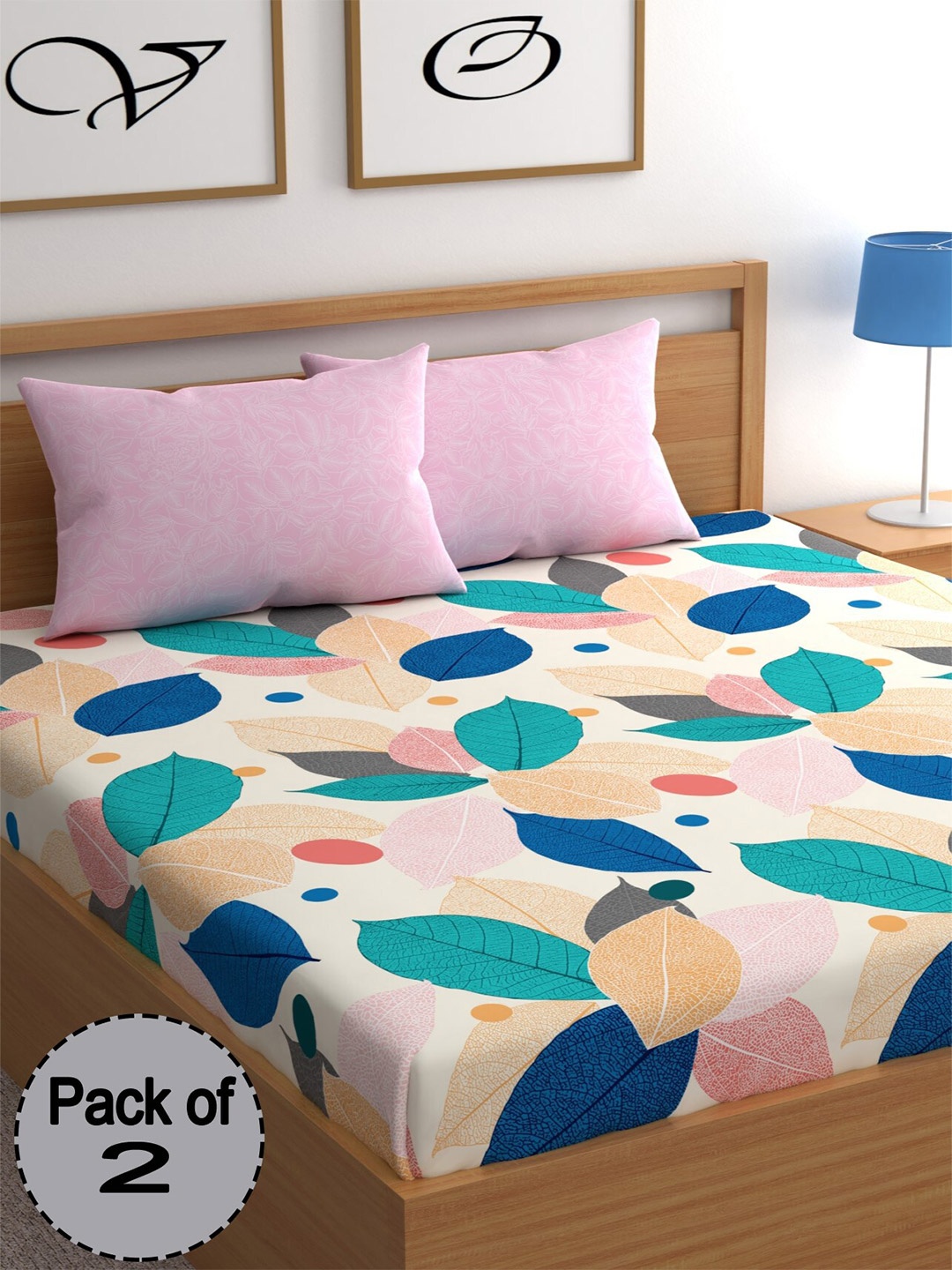 

CHHAVI INDIA Cream-Coloured & Blue Printed 210 TC 2 Queen Bedsheet & 4 Pillow Covers