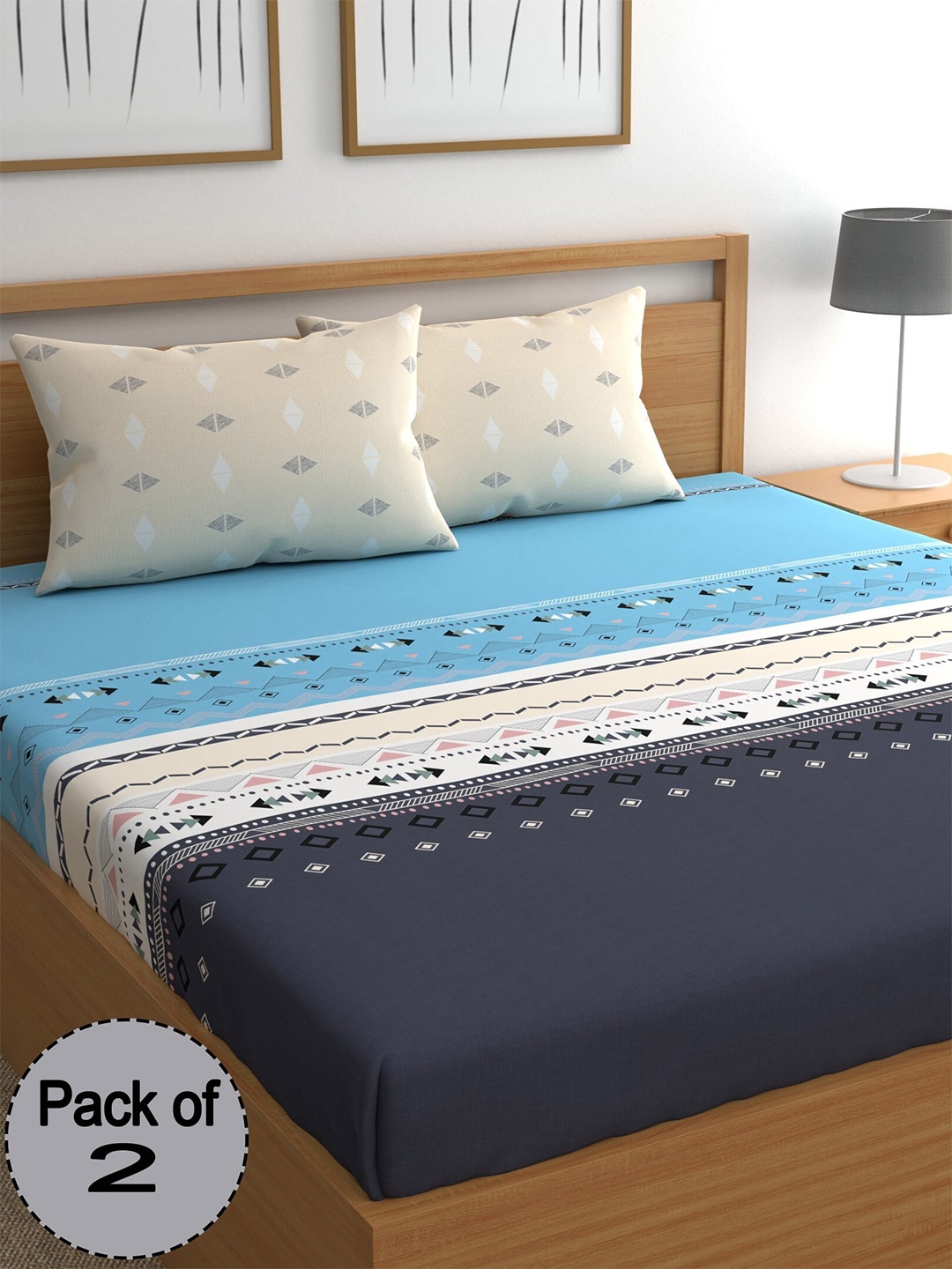 

CHHAVI INDIA Blue & Cream-Coloured Printed 210 TC 2 Queen Bedsheet & 4 Pillow Covers