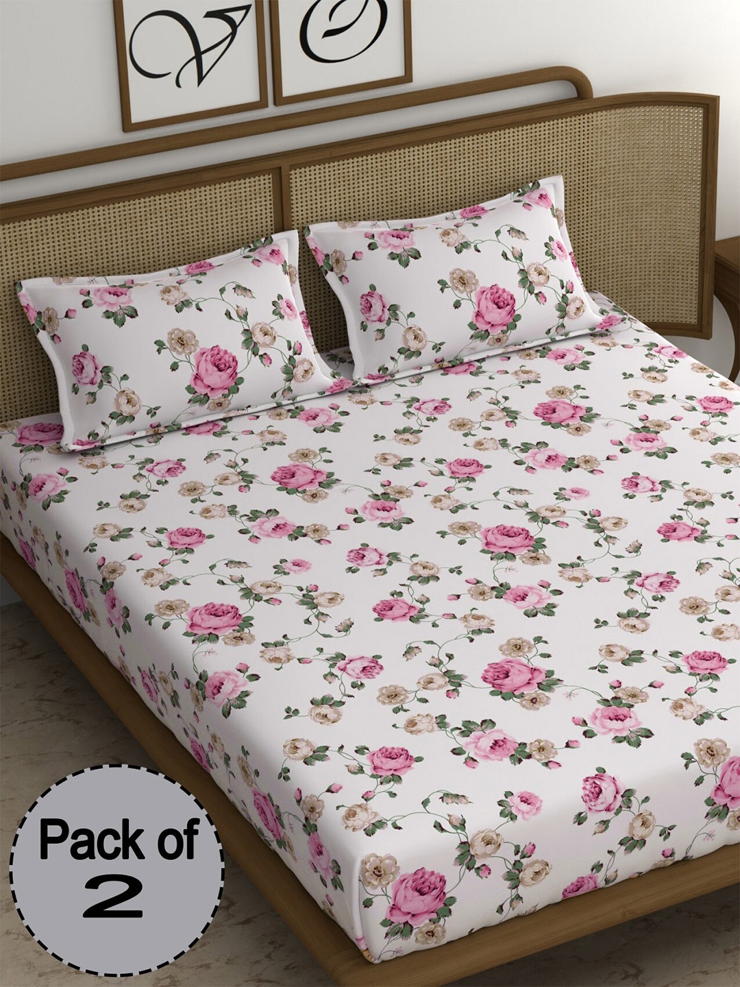 

CHHAVI INDIA White & Pink Printed 210 TC 2 Queen Bedsheet & 4 Pillow Covers