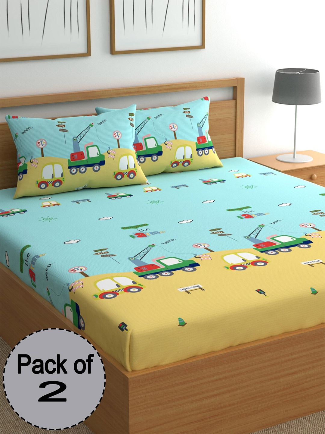 

CHHAVI INDIA Blue & Yellow Printed 210 TC 2 Queen Bedsheet & 4 Pillow Covers