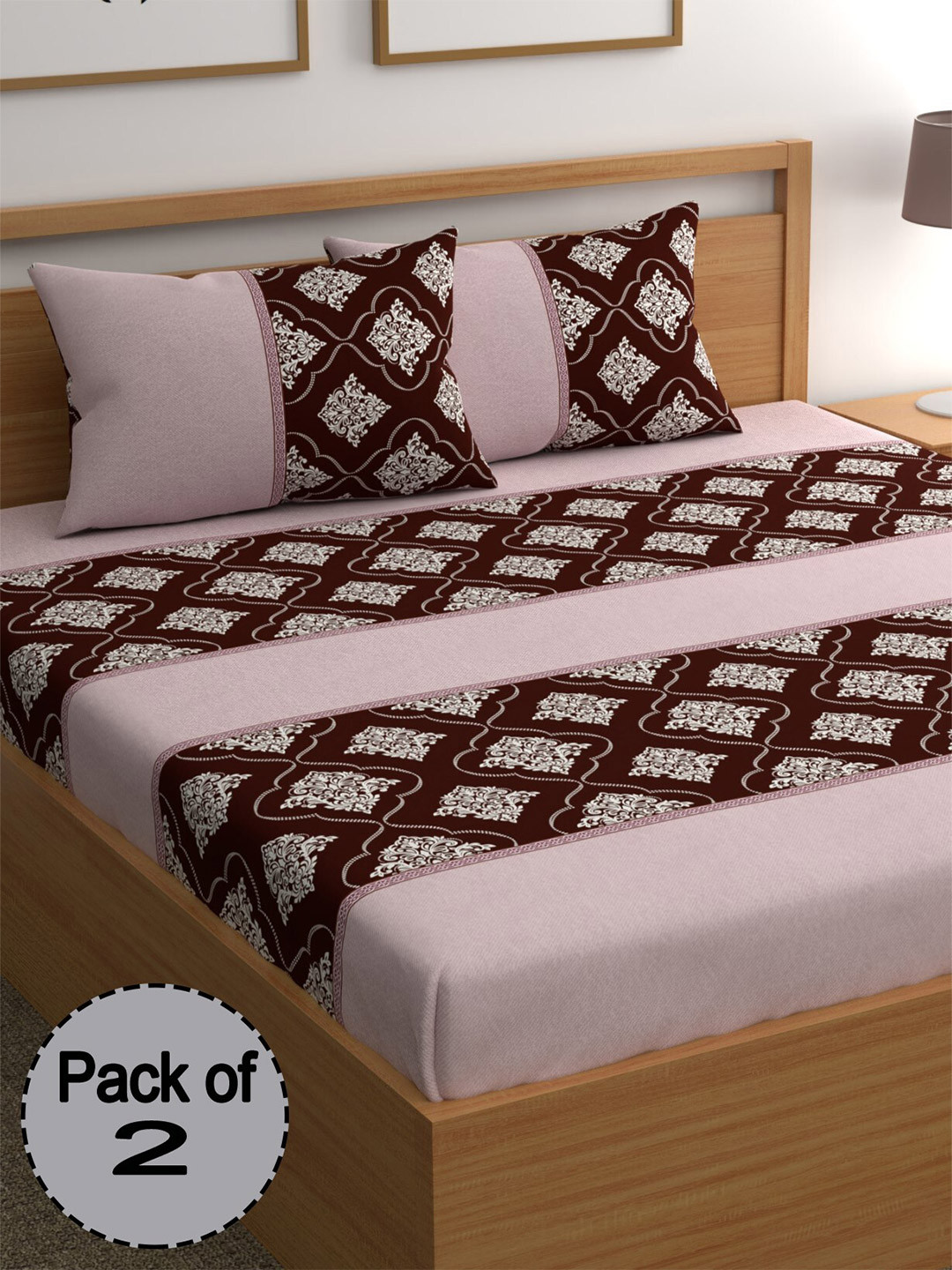

CHHAVI INDIA Peach-Coloured & Brown Printed 210 TC 2 Queen Bedsheet & 4 Pillow Covers
