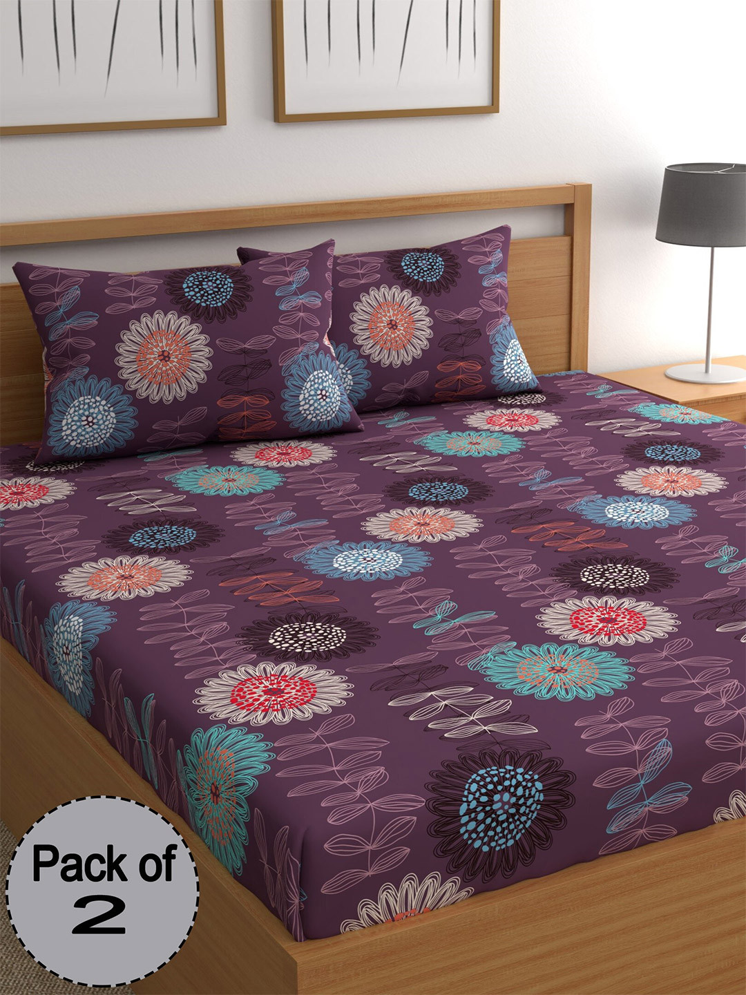 

CHHAVI INDIA Purple & White Floral Printed 210 TC 2 Queen Bedsheet & 4 Pillow Covers