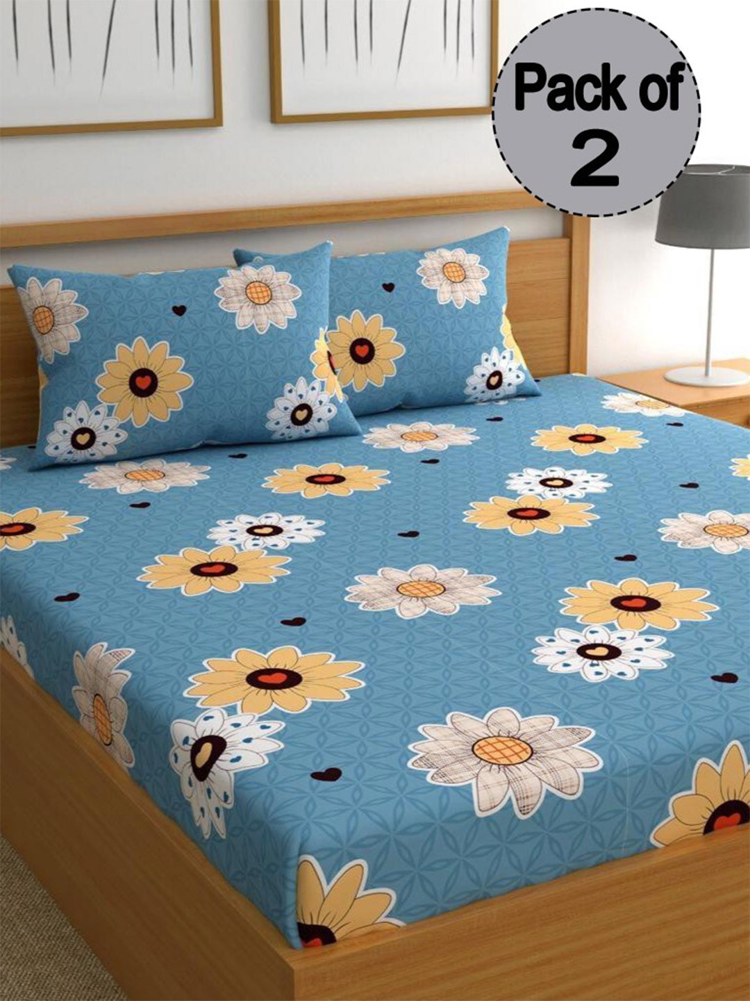 

CHHAVI INDIA Blue & White Floral Printed 210 TC 2 Queen Bedsheet & 4 Pillow Covers
