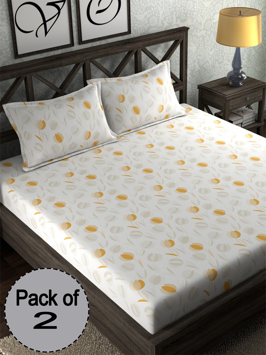 

CHHAVI INDIA White & Yellow Floral Printed 210 TC 2 Queen Bedsheet & 4 Pillow Covers