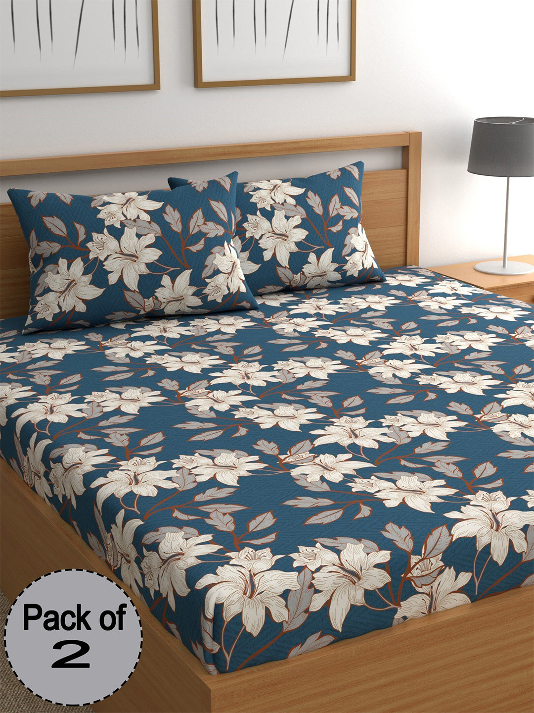 

CHHAVI INDIA Blue & White Printed 210 TC 2 Queen Bedsheet & 4 Pillow Covers