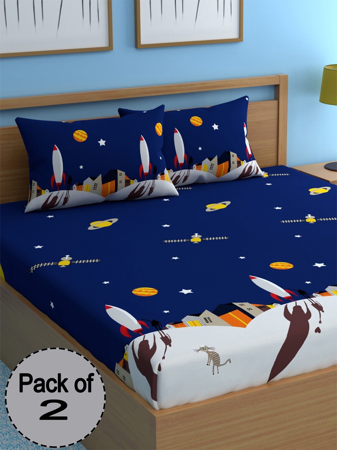 

CHHAVI INDIA Blue & White Printed 210 TC 2 Queen Bedsheet & 4 Pillow Covers