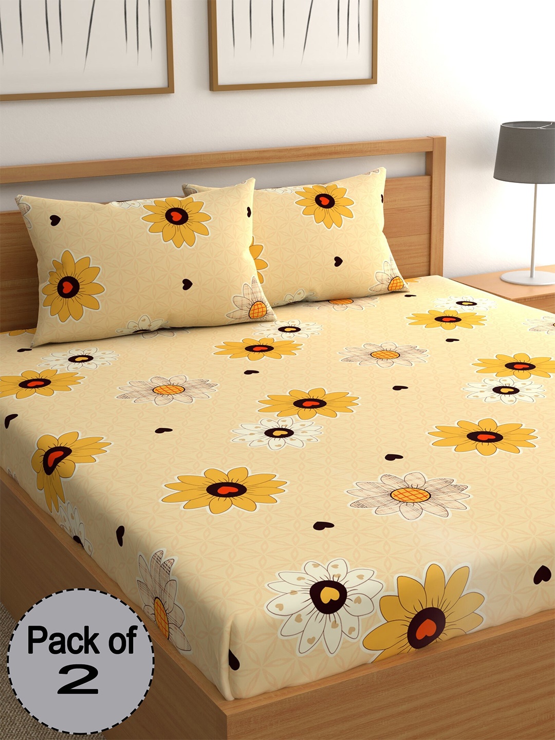 

CHHAVI INDIA Yellow & White Floral Printed 210 TC 2 Queen Bedsheet & 4 Pillow Covers