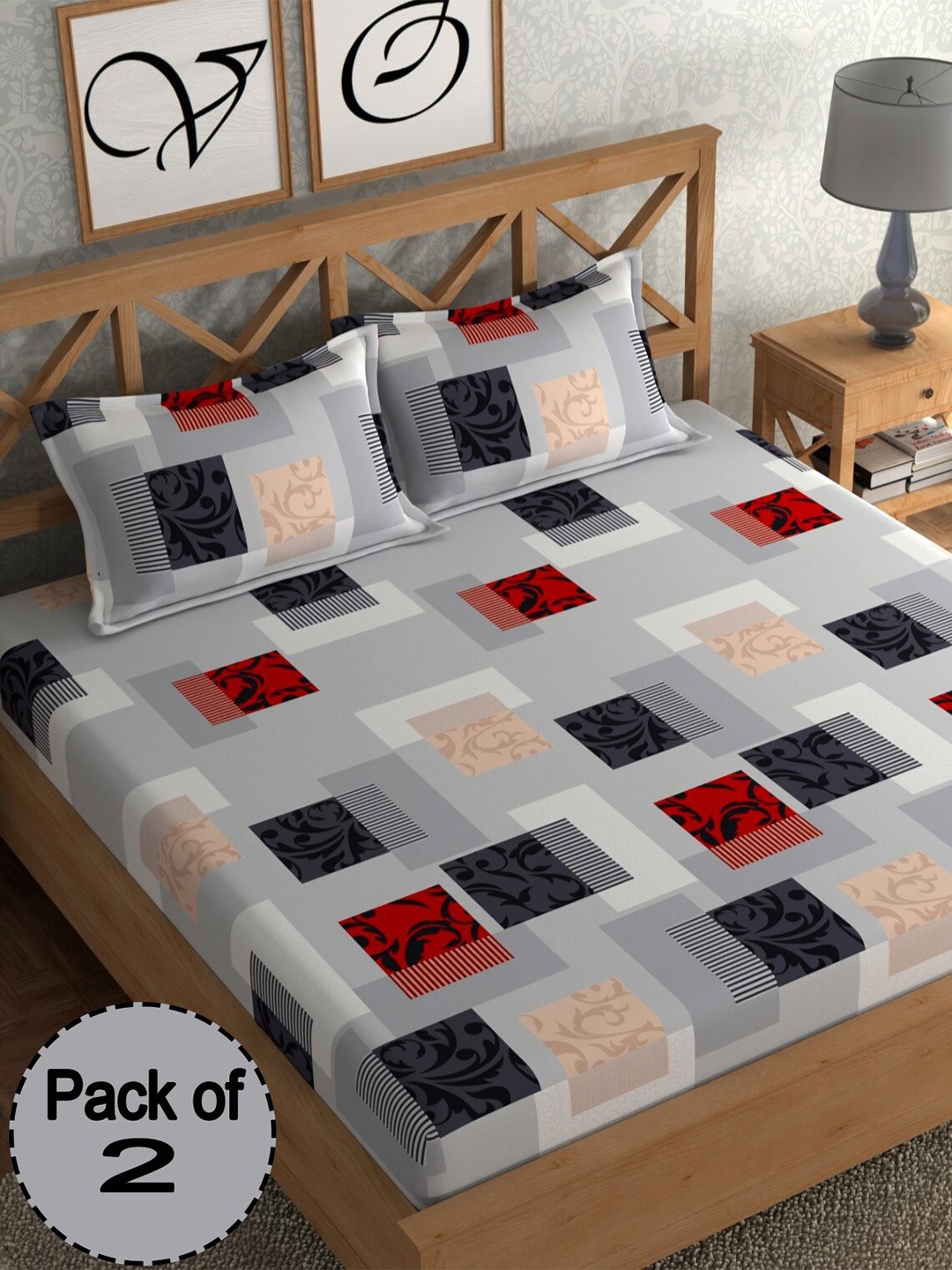 

CHHAVI INDIA Grey & Red Printed 210 TC 2 Queen Bedsheet & 4 Pillow Covers