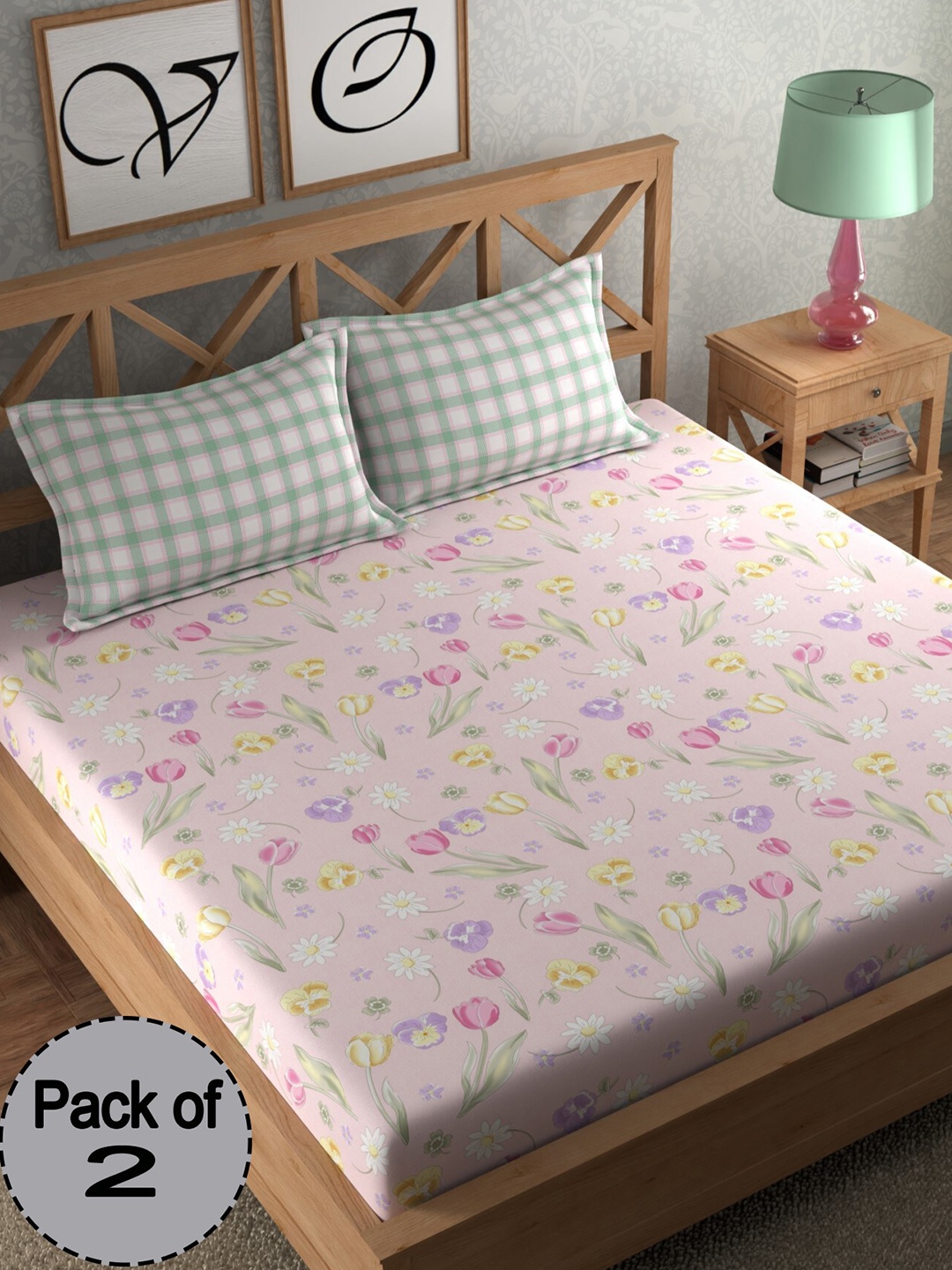 

CHHAVI INDIA Pink & Purple Floral Printed 210 TC 2 Queen Bedsheet & 4 Pillow Covers