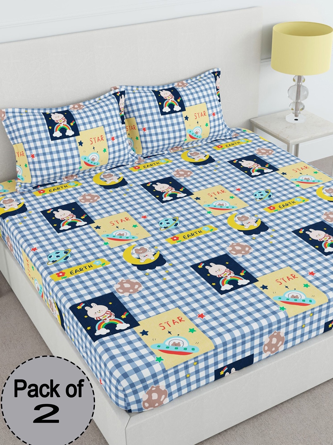 

CHHAVI INDIA Blue & Yellow Printed 210 TC 2 Queen Bedsheet & 4 Pillow Covers