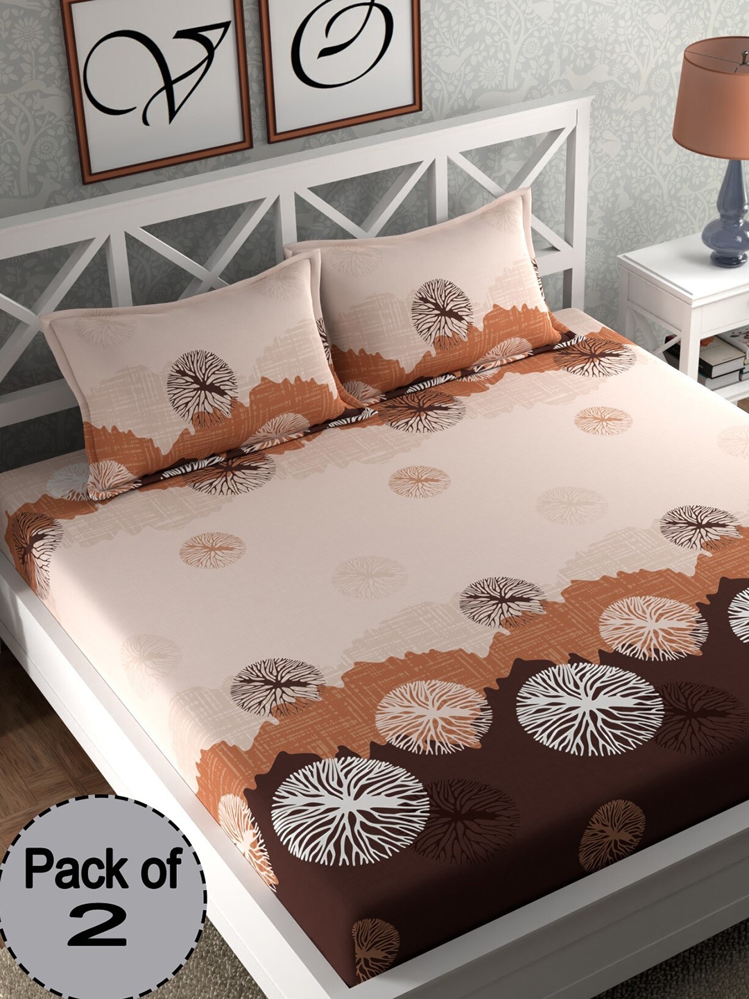 

CHHAVI INDIA Peach-Coloured & Brown Printed 210 TC 2 Queen Bedsheet & 4 Pillow Covers