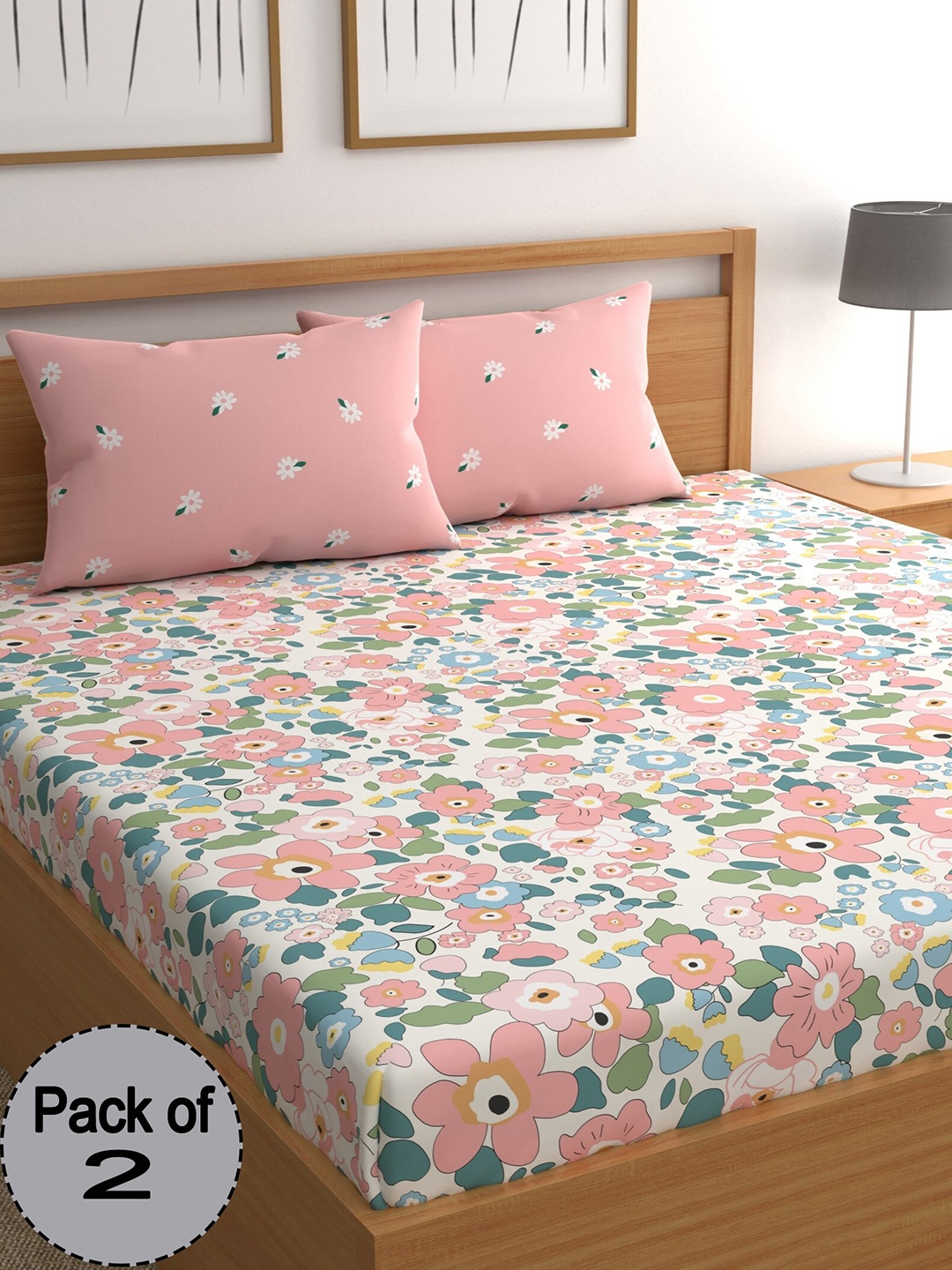 

CHHAVI INDIA White & Pink Floral Printed 210 TC 2 Queen Bedsheet & 4 Pillow Covers