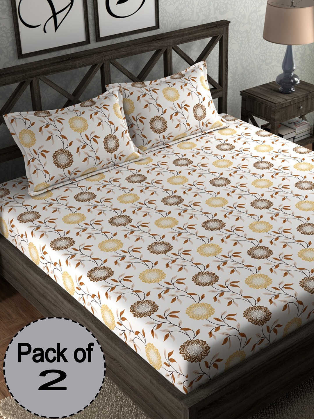 

CHHAVI INDIA Yellow & White Printed 210 TC 2 Queen Bedsheet & 4 Pillow Covers