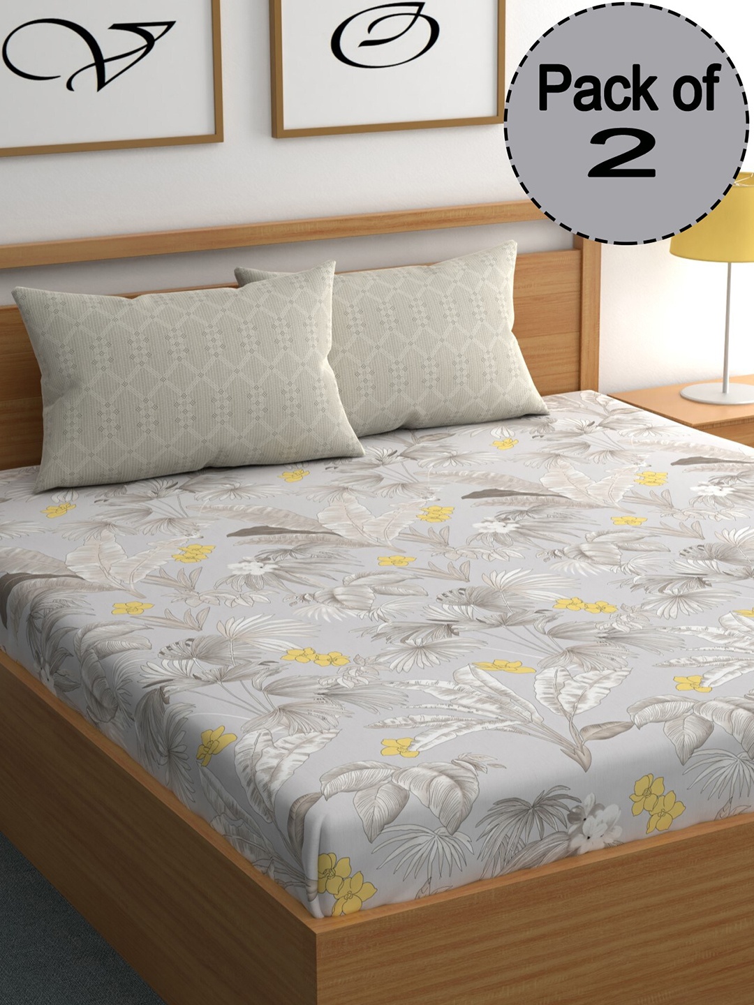 

CHHAVI INDIA Grey & White Floral Printed 210 TC 2 Queen Bedsheet & 4 Pillow Covers