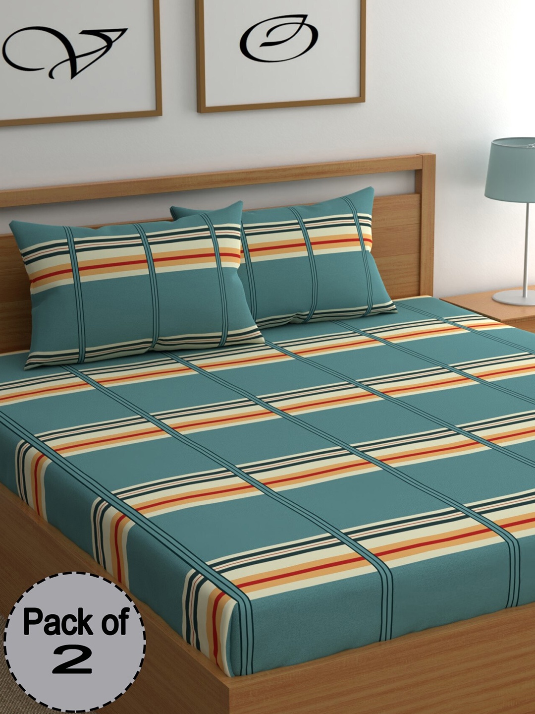 

CHHAVI INDIA Green & Cream Striped 210 TC 2 Queen Bedsheet With 4 Pillow Covers
