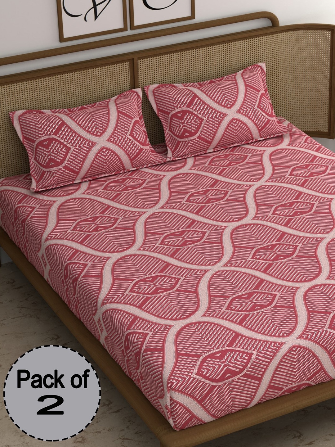 

CHHAVI INDIA Pink & White Ethnic Motifs 210 TC 2 Queen Bedsheet With 4 Pillow Covers