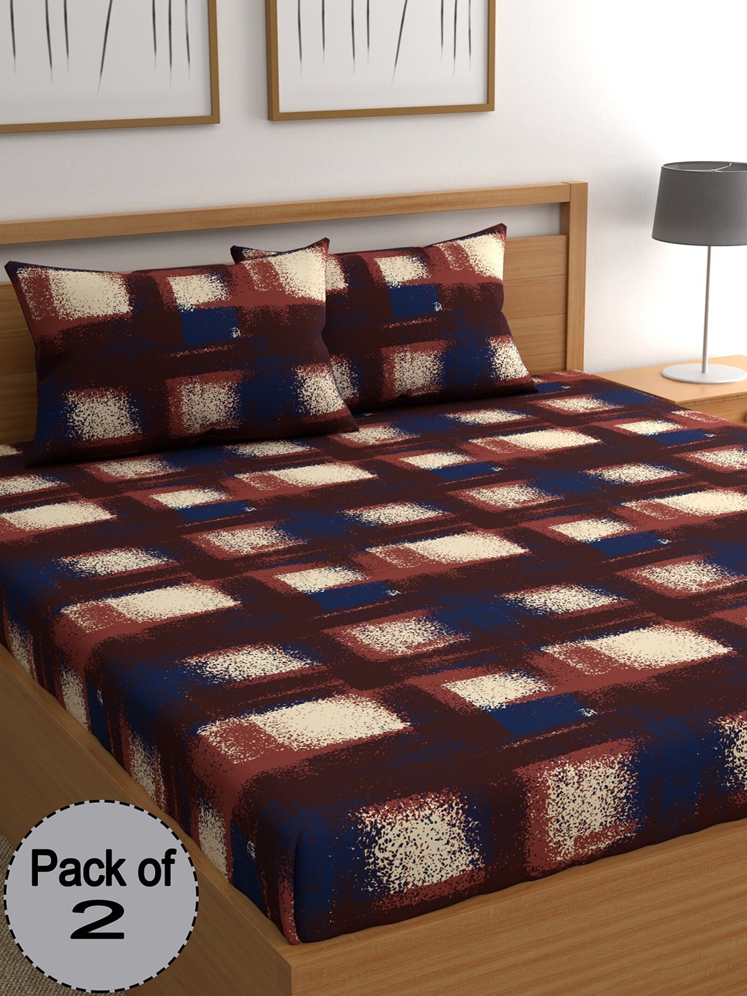 

CHHAVI INDIA Brown & Blue Abstract 210 TC 2 Queen Bedsheet With 4 Pillow Covers