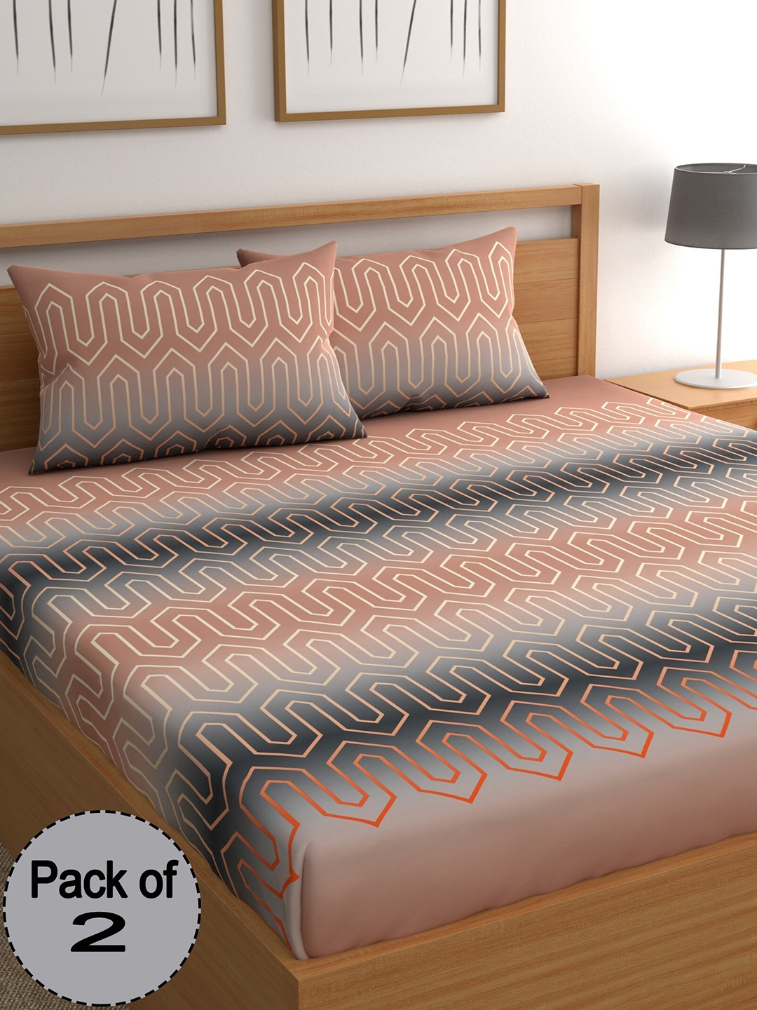 

CHHAVI INDIA Brown & Grey Geometric 210 TC 2 Queen Bedsheet With 4 Pillow Covers