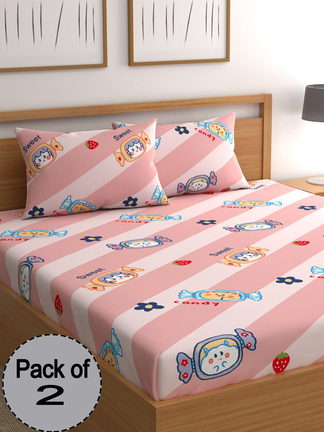 

CHHAVI INDIA Pink & White Graphic 210 TC 2 Queen Bedsheet With 4 Pillow Covers