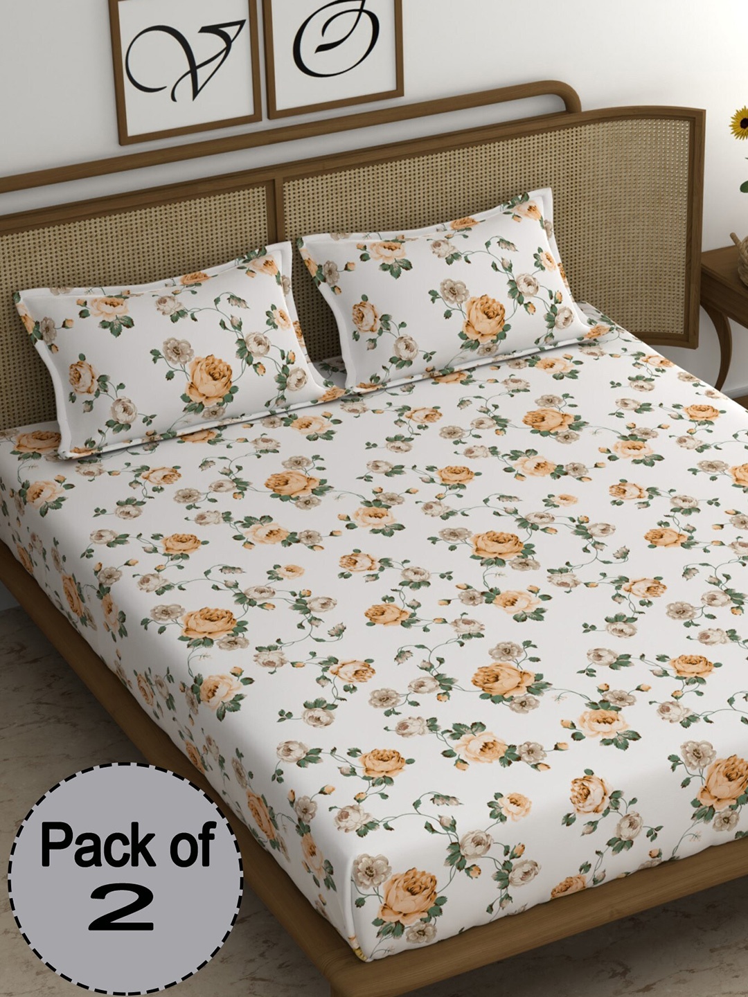 

CHHAVI INDIA White & Peach-Coloured Floral 210 TC 2 Queen Bedsheet With 4 Pillow Covers