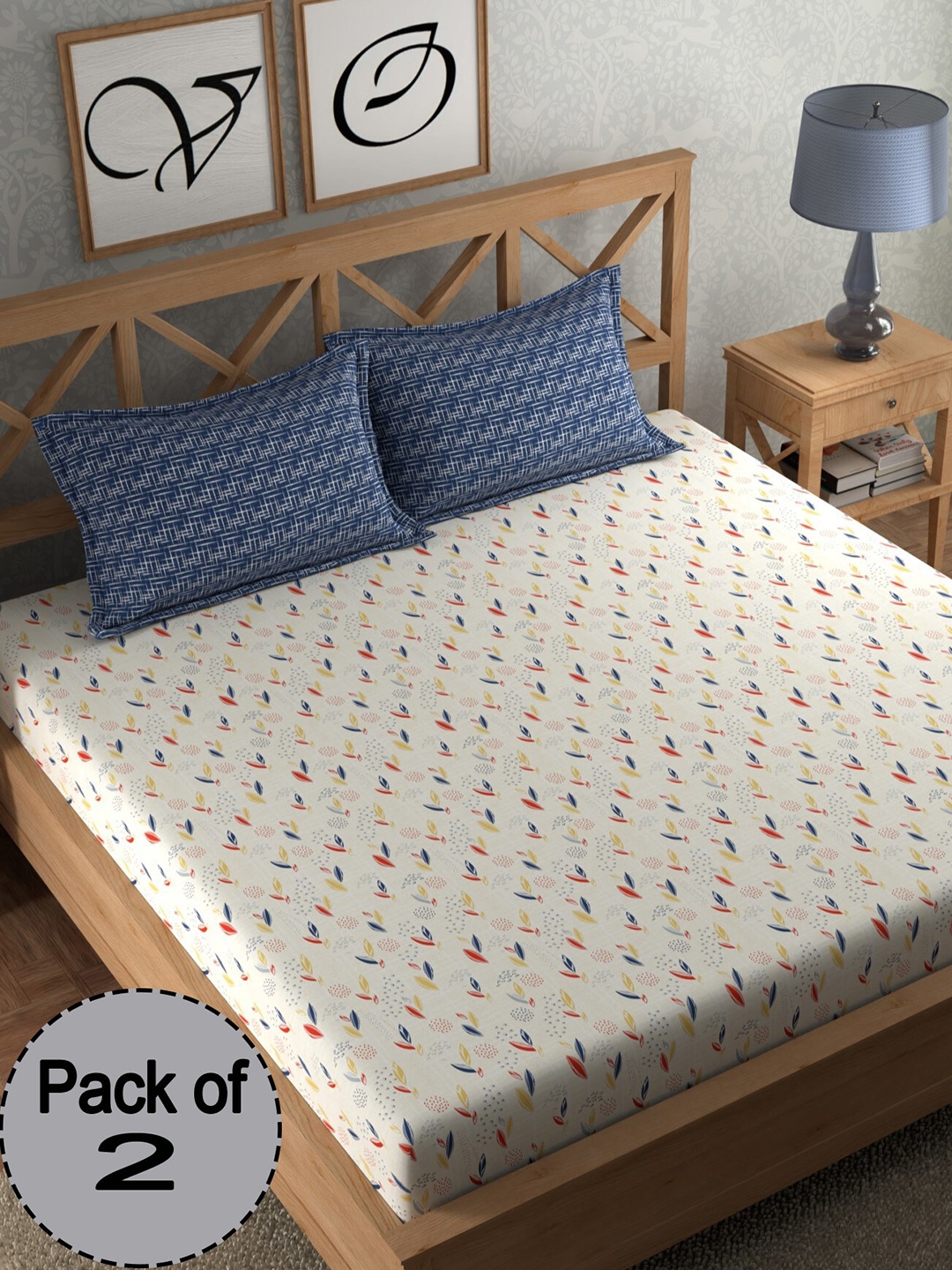 

CHHAVI INDIA Beige & Blue Graphic 210 TC 2 Queen Bedsheet With 4 Pillow Covers