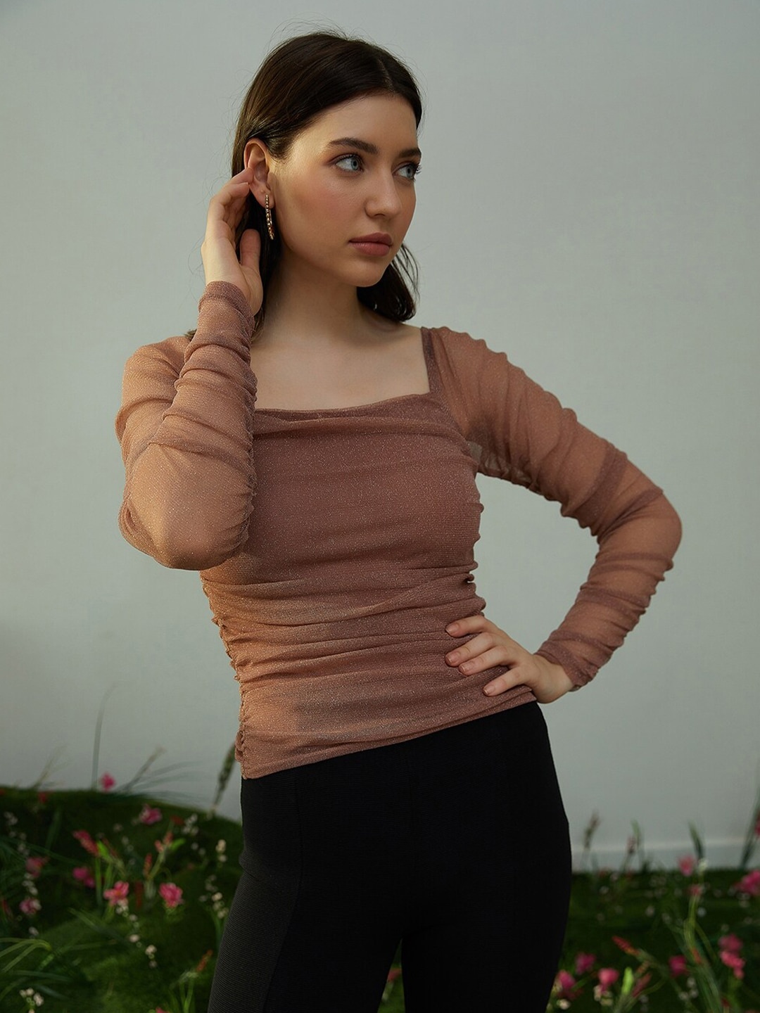 

Berrylush Square Neck Fitted Top, Brown