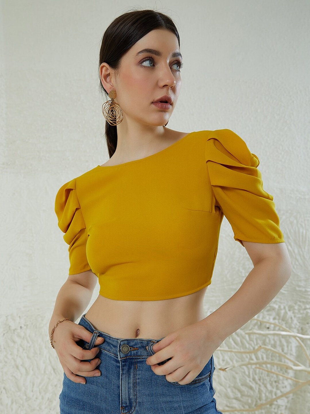 

Berrylush Puff Sleeve Styled Back Crop Top, Yellow