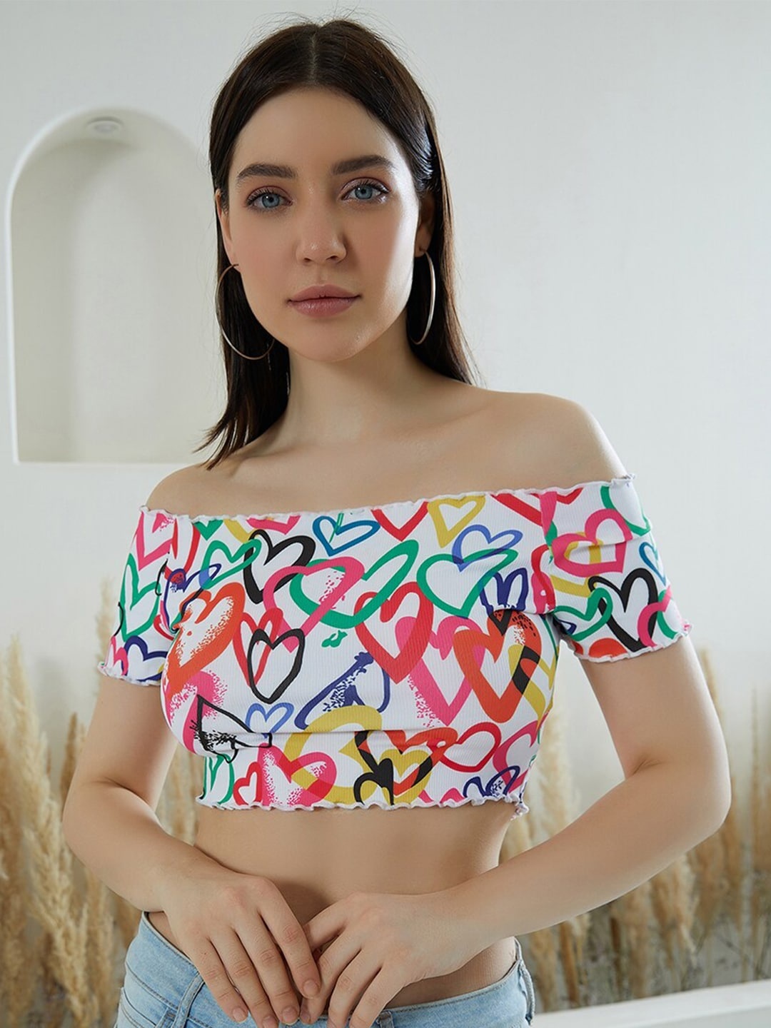 

Berrylush White Printed Off Shoulder Fitted Crop Top