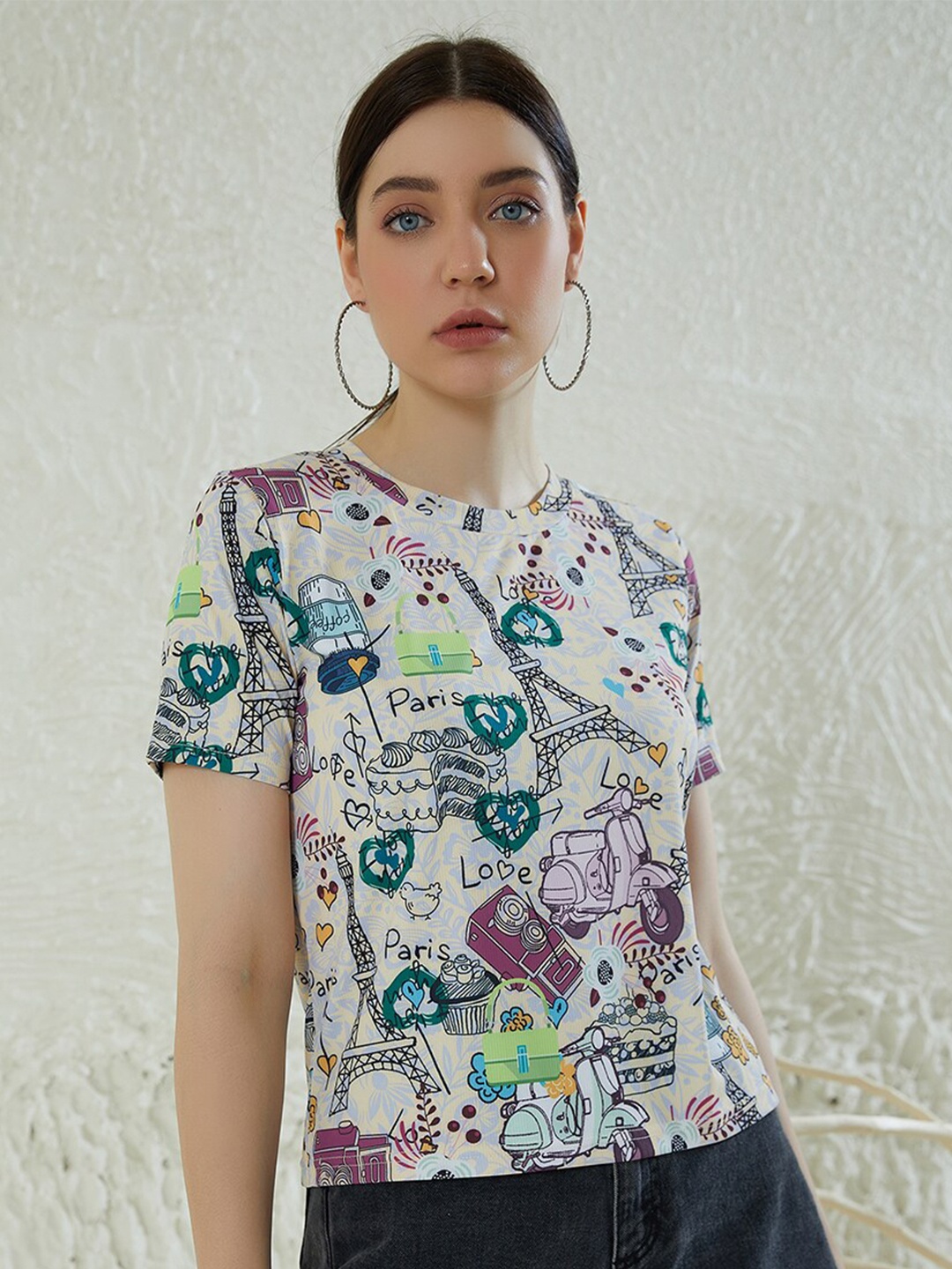 

Berrylush Multicoloured Graphic Printed Round Neck T-Shirt, Cream