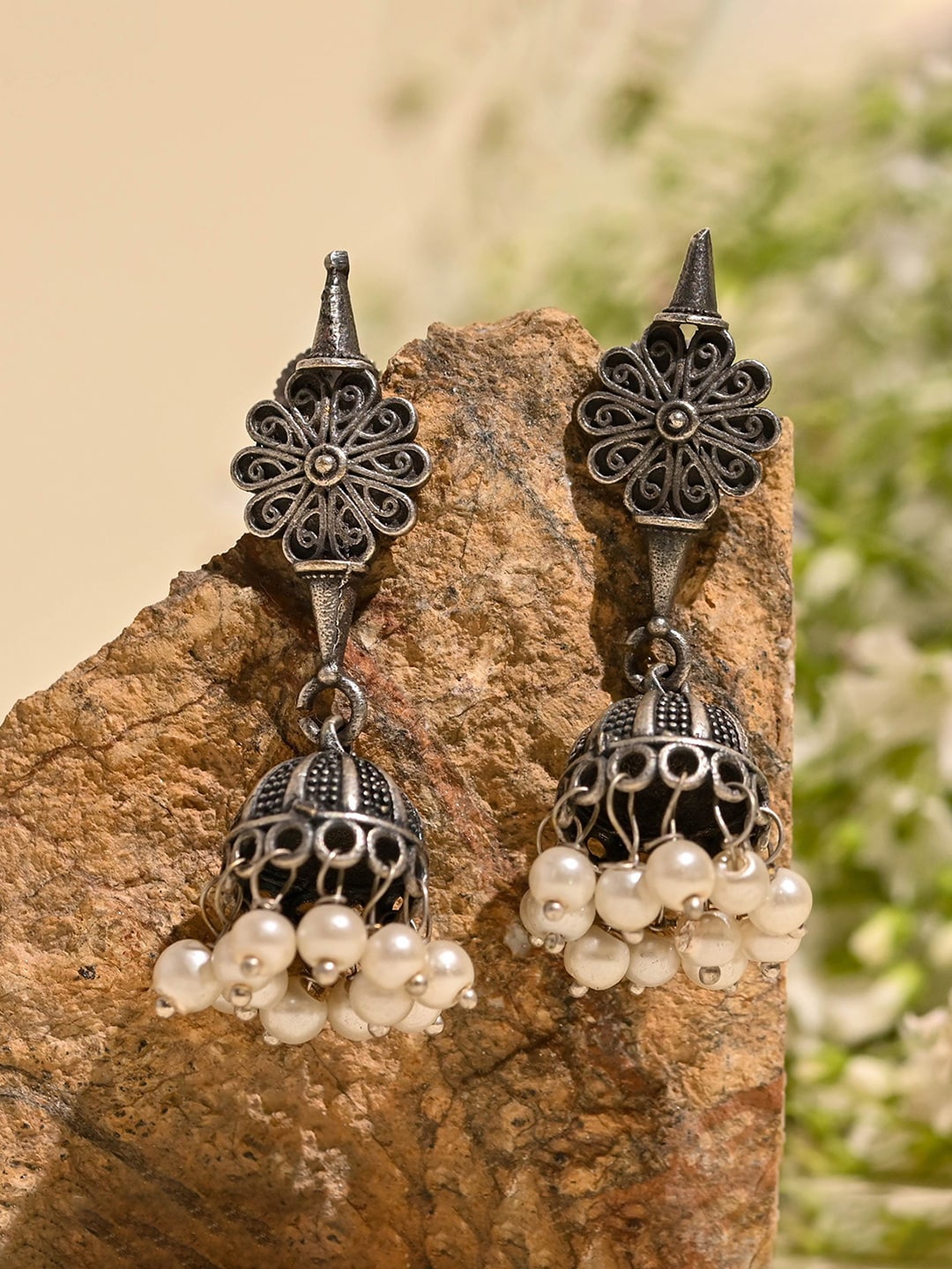 

XPNSV Brass-Plated Oxidized Contemporary Jhumkas, Silver