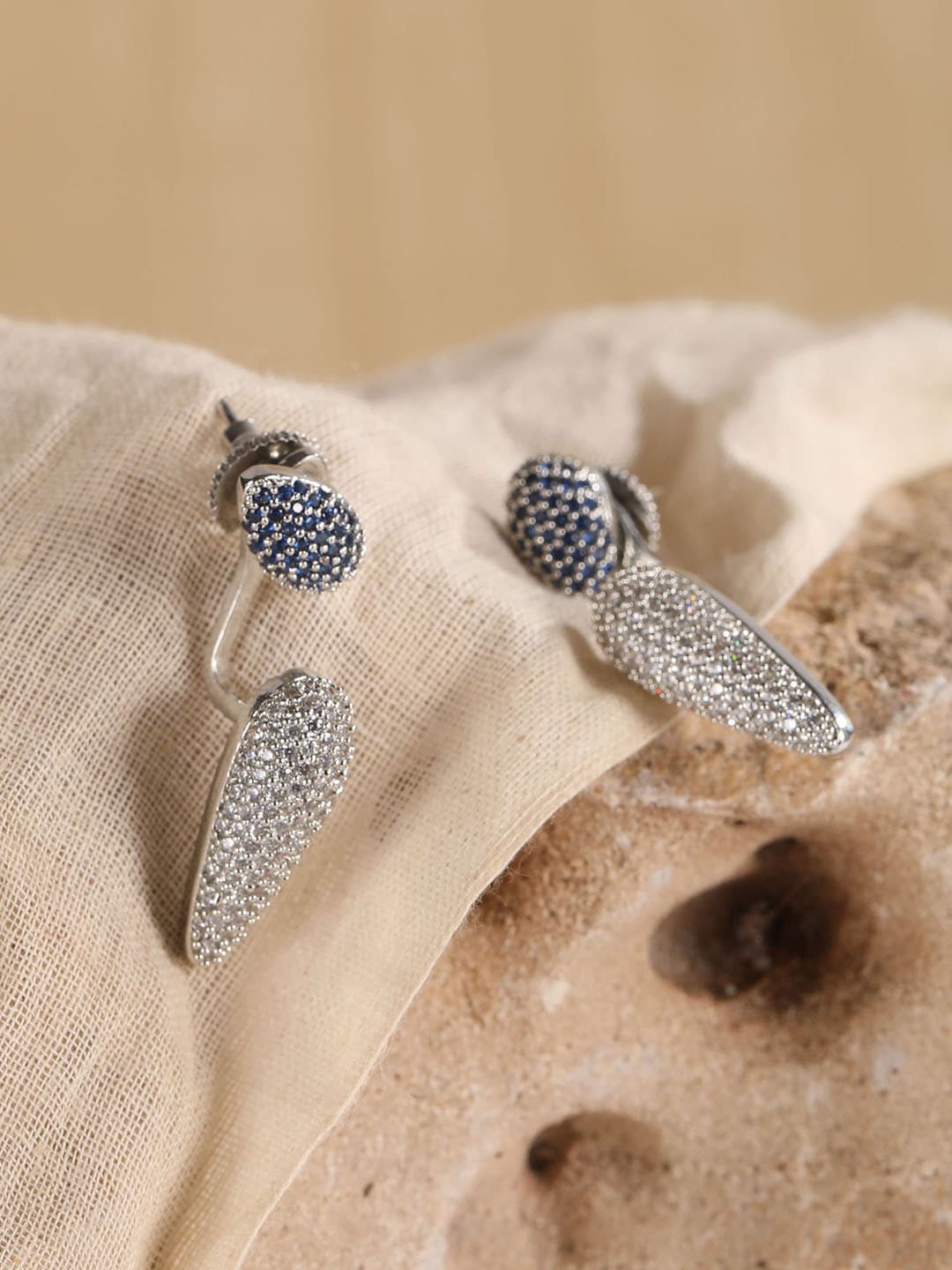 

XPNSV Silver-Plated Teardrop Shaped Cubic Zirconia Studded Two in One Studs Earrings