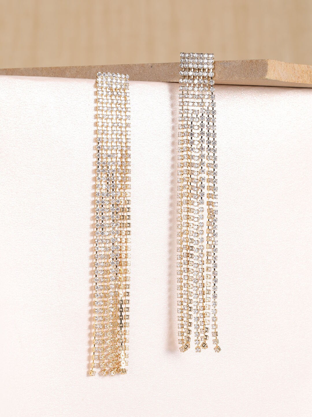 

XPNSV Gold-Plated American Diamond Studded Contemporary Drop Earrings