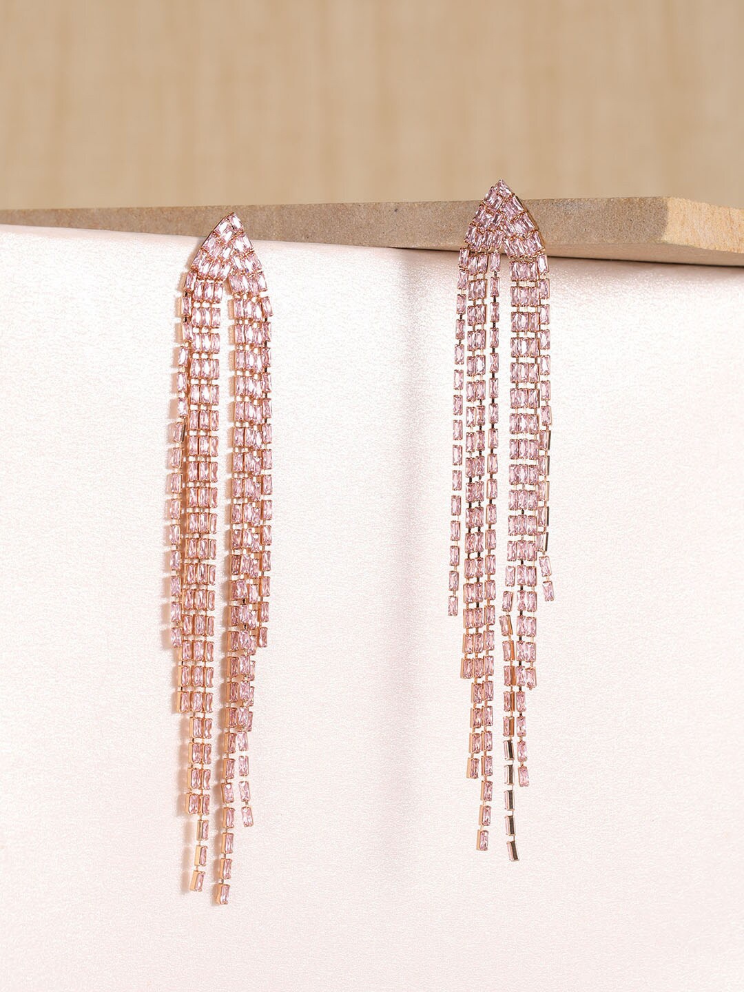 

XPNSV Rose Gold-Plated Contemporary Stone Studded Drop Earrings