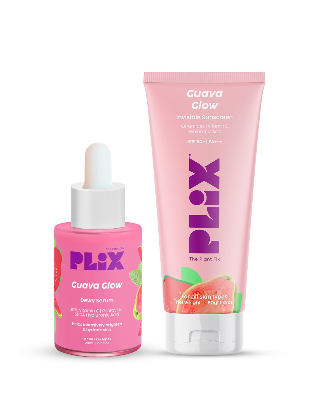 

PLIX THE PLANT FIX Set of Guava Glow SPF50 Sunscreen - 50 g & Vitamin C Face Serum - 20 ml, Pink