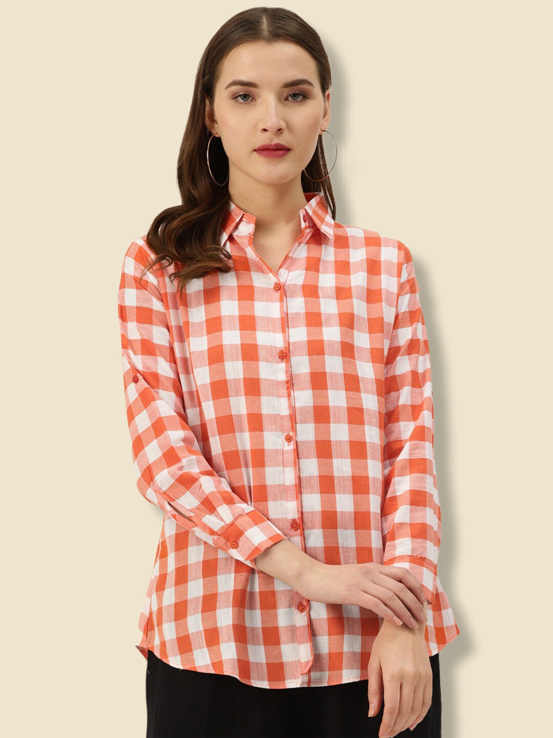 

Vastraa Fusion Comfort Gingham Checks Cotton Casual Shirt, Orange