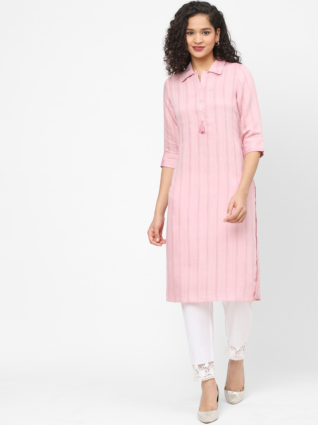 

Fusion Beats Striped Shirt Collar Kurta, Pink