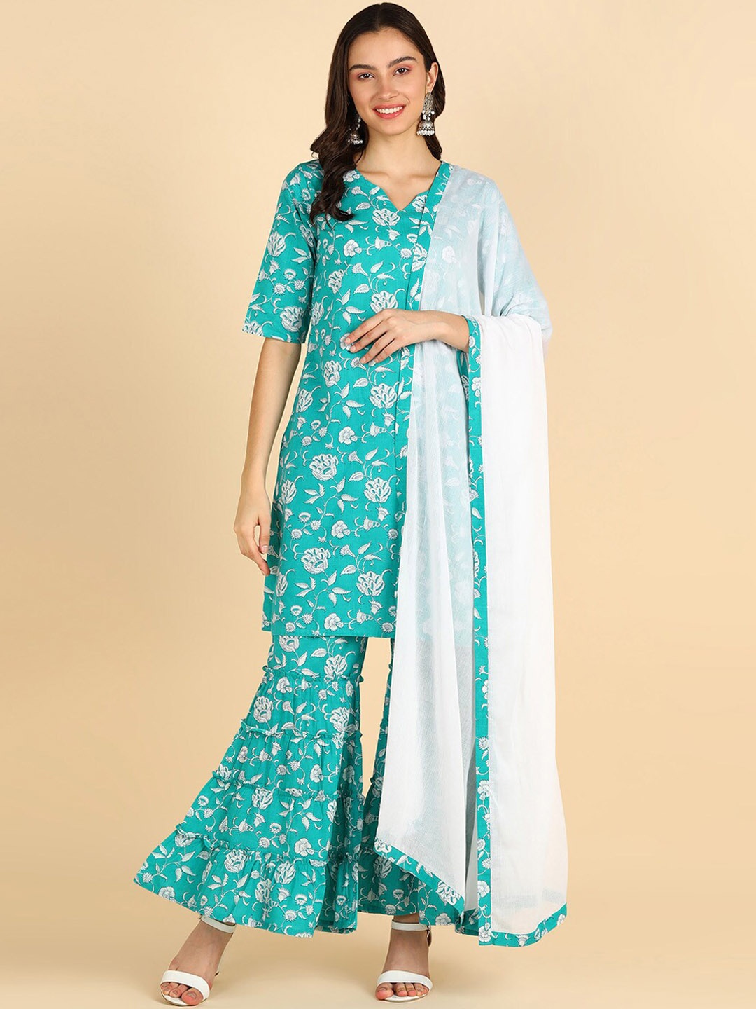 

ZNX Clothing Floral Printed Pure Cotton Kurta with Sharara & Dupatta, Turquoise blue