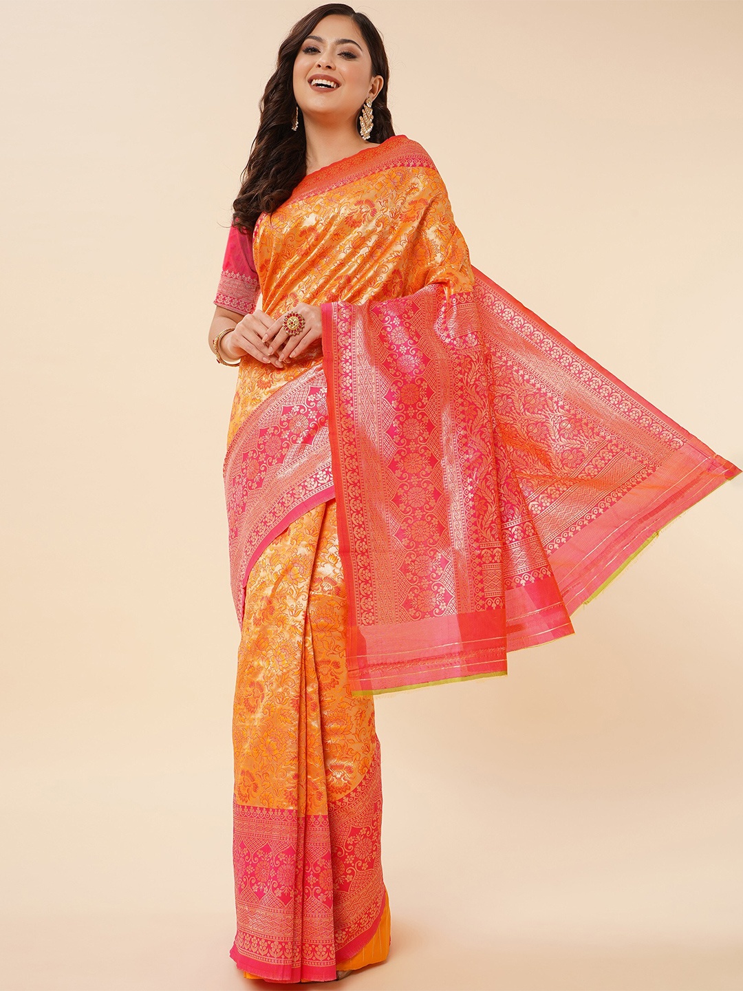 

TEREZA Floral Woven Design Zari Tissue Banarasi Saree, Orange