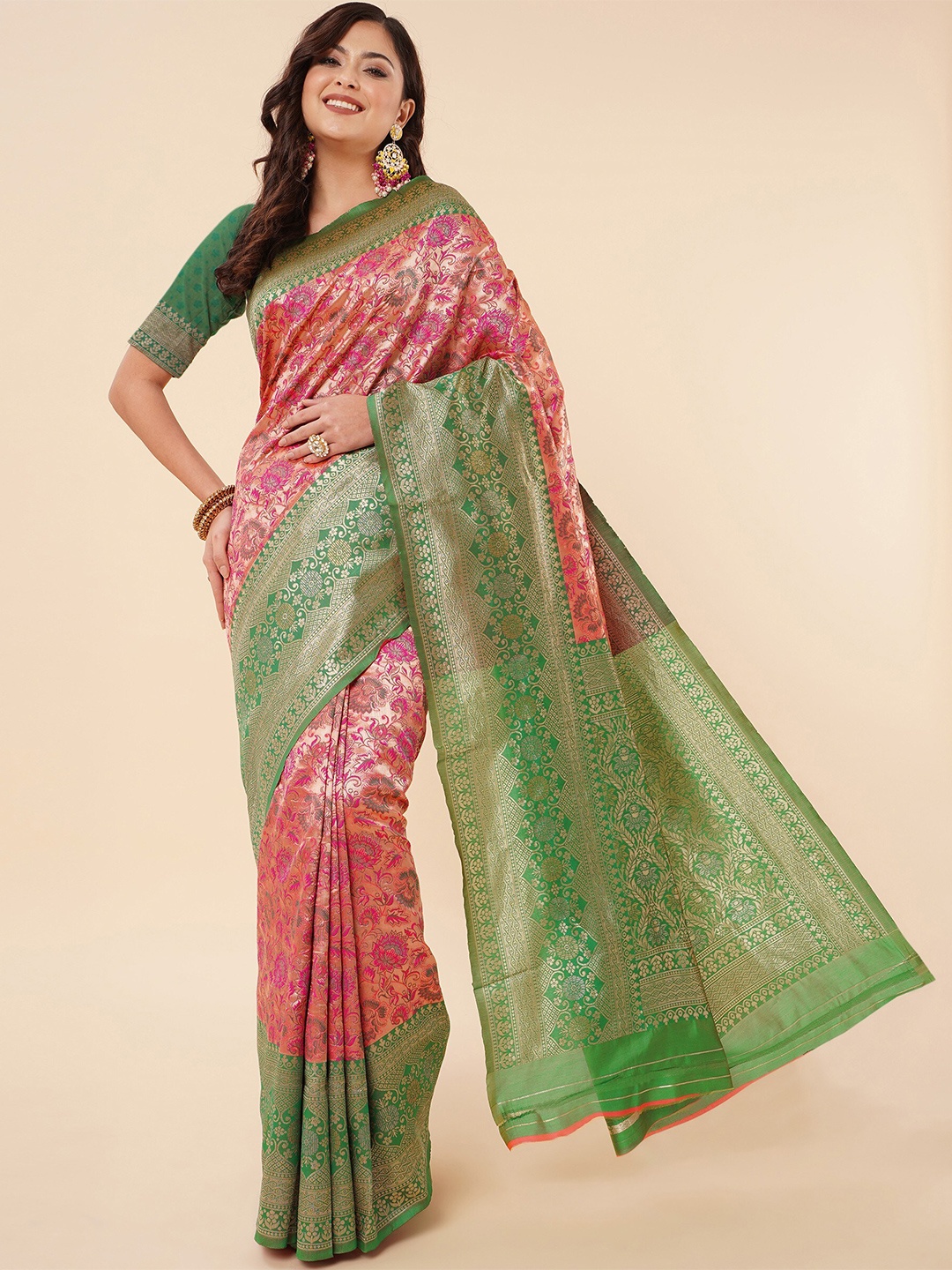 

TEREZA Floral Woven Design Zari Tissue Banarasi Saree, Pink
