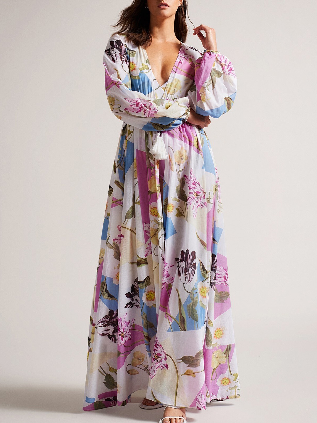 

Ted Baker Floral Printed Puff Sleeves Cotton Maxi Cover-Up Dress, White
