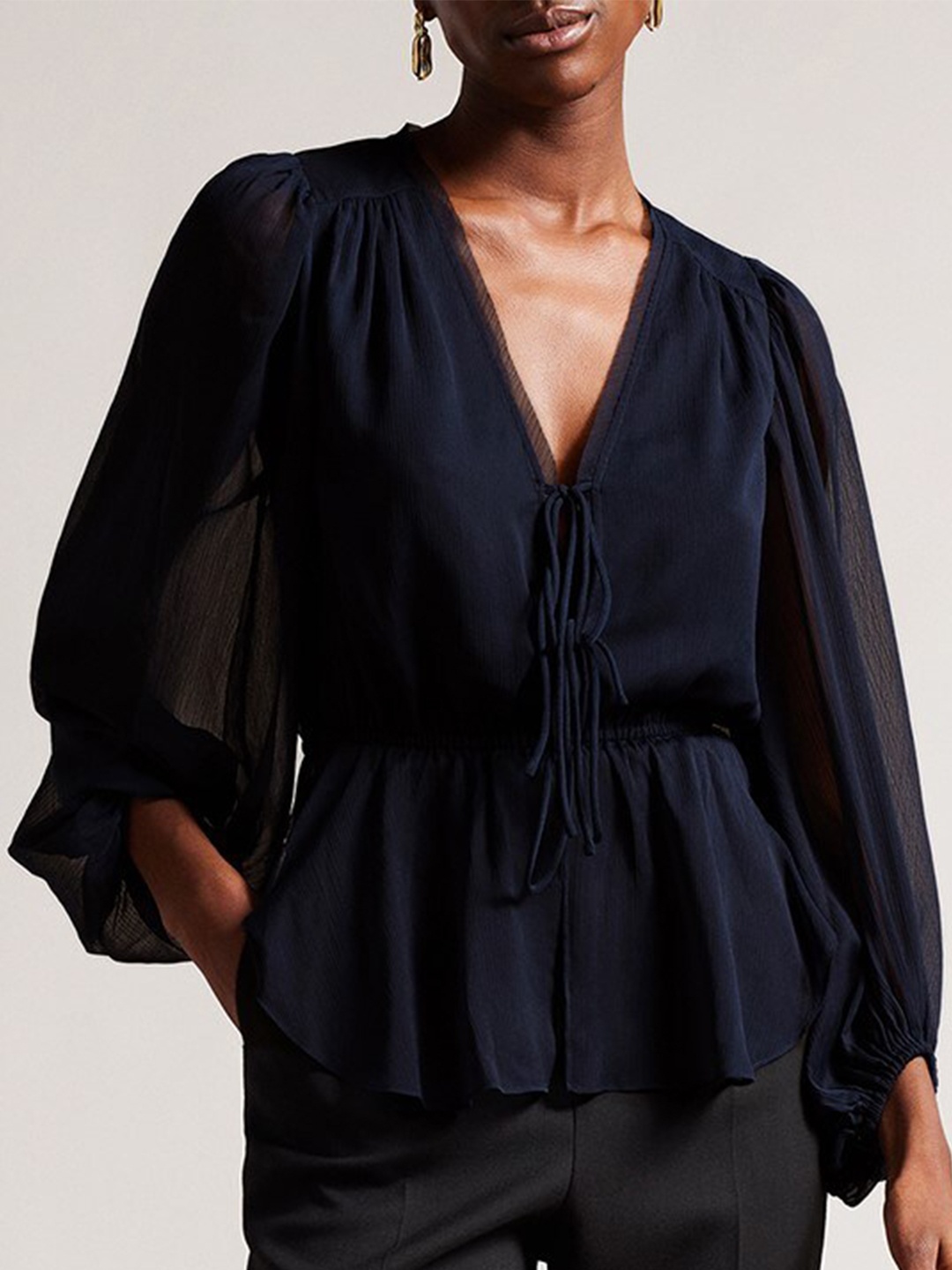 

Ted Baker V-Neck Puff Sleeves Cotton Cinched Waist Top, Navy blue