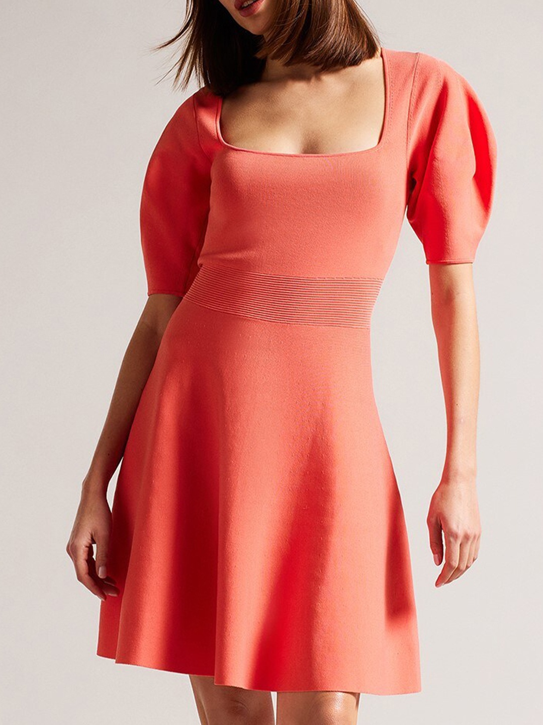 

Ted Baker Square Neck Puff Sleeves Fit & Flare Dress, Pink