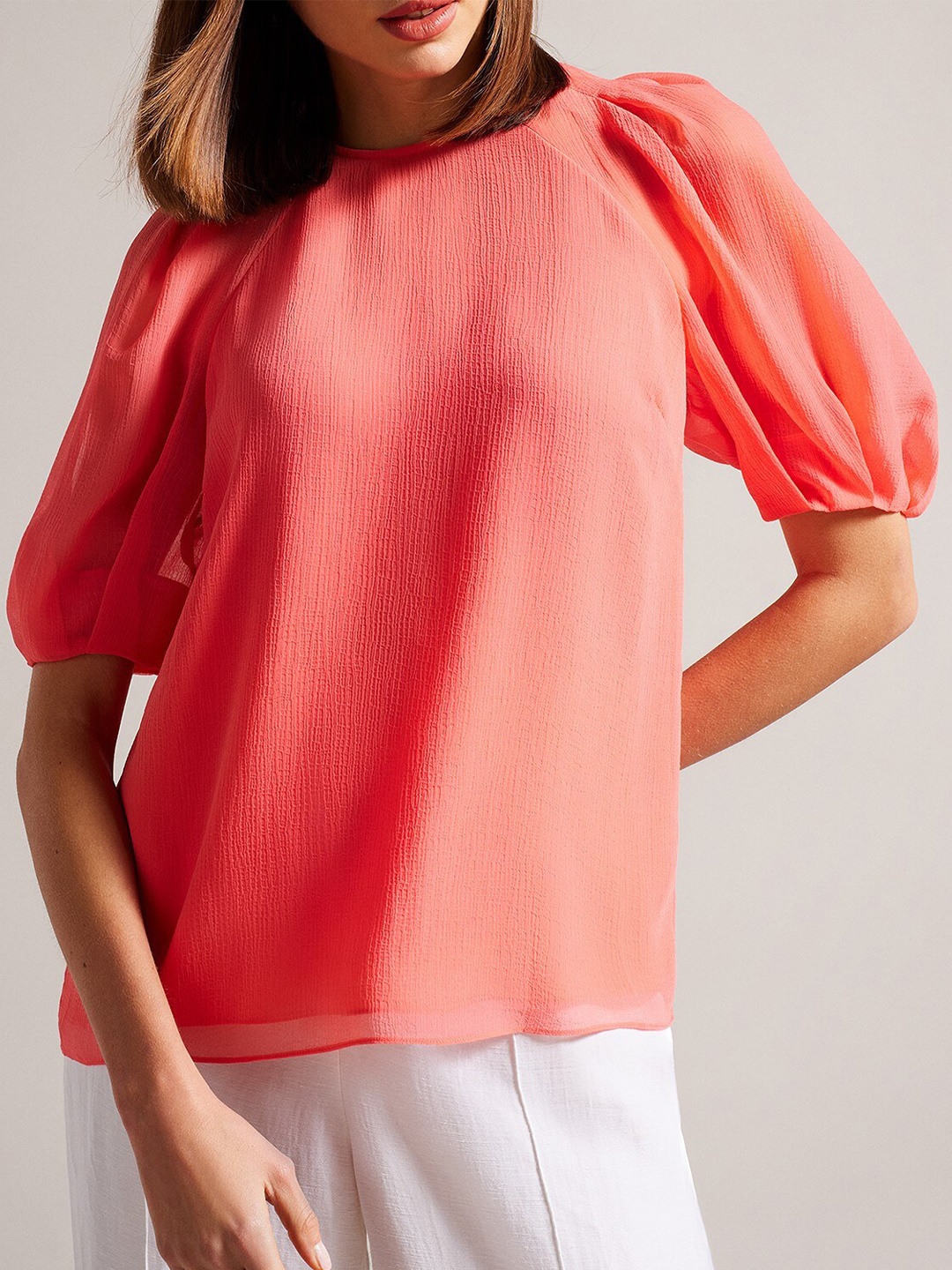 

Ted Baker Self Designed Tie-Up Puff Sleeve Boxy Fit Top, Coral