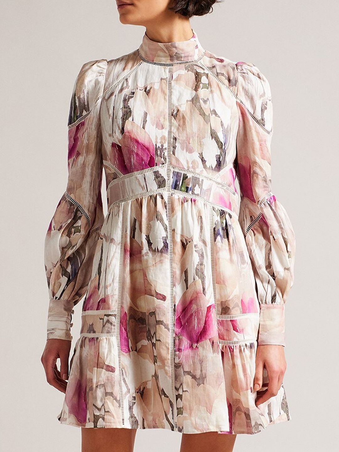 

Ted Baker Floral Print Linen Fit & Flare Midi Dress, Cream