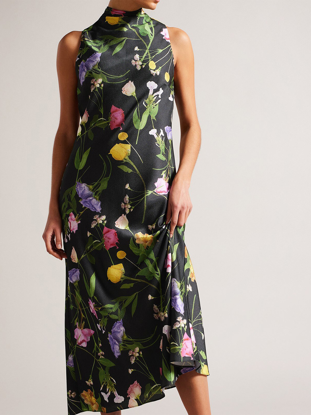 

Ted Baker Floral Printed Mock Neck A-Line Midi Dress, Black