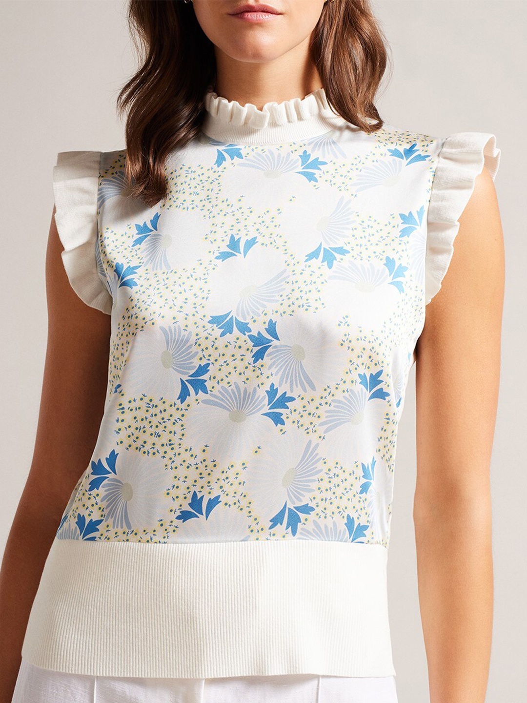 

Ted Baker Floral Printed High Neck Flutter Sleeves Top, White