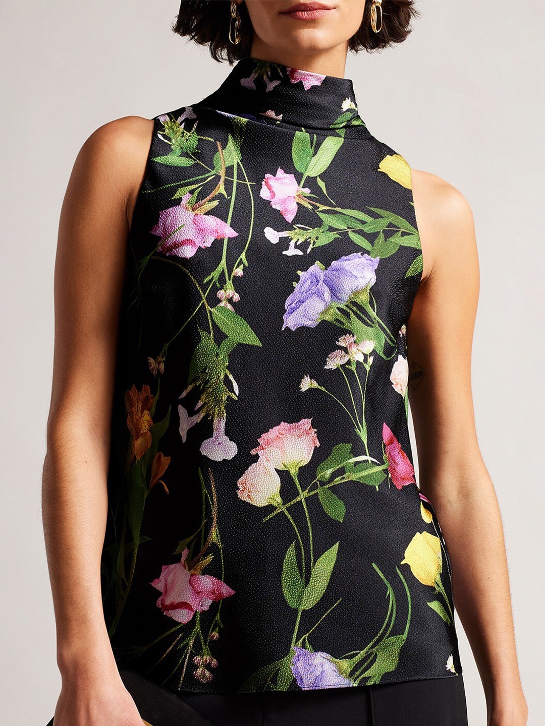 

Ted Baker Black, Green And Pink Floral Printed Halter Neck Top